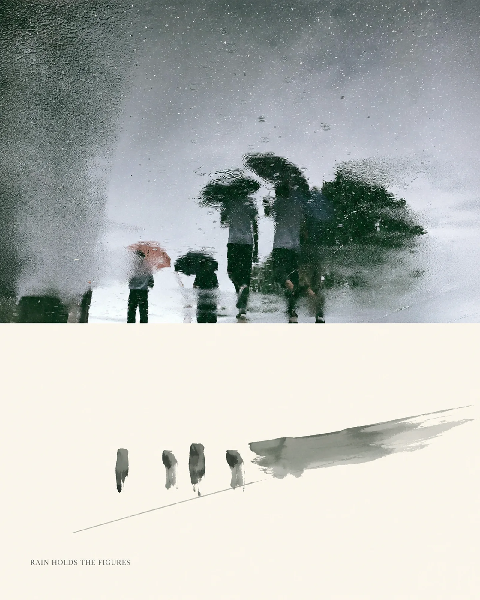 Abstract editorial treatment of the Hangzhou rain photograph