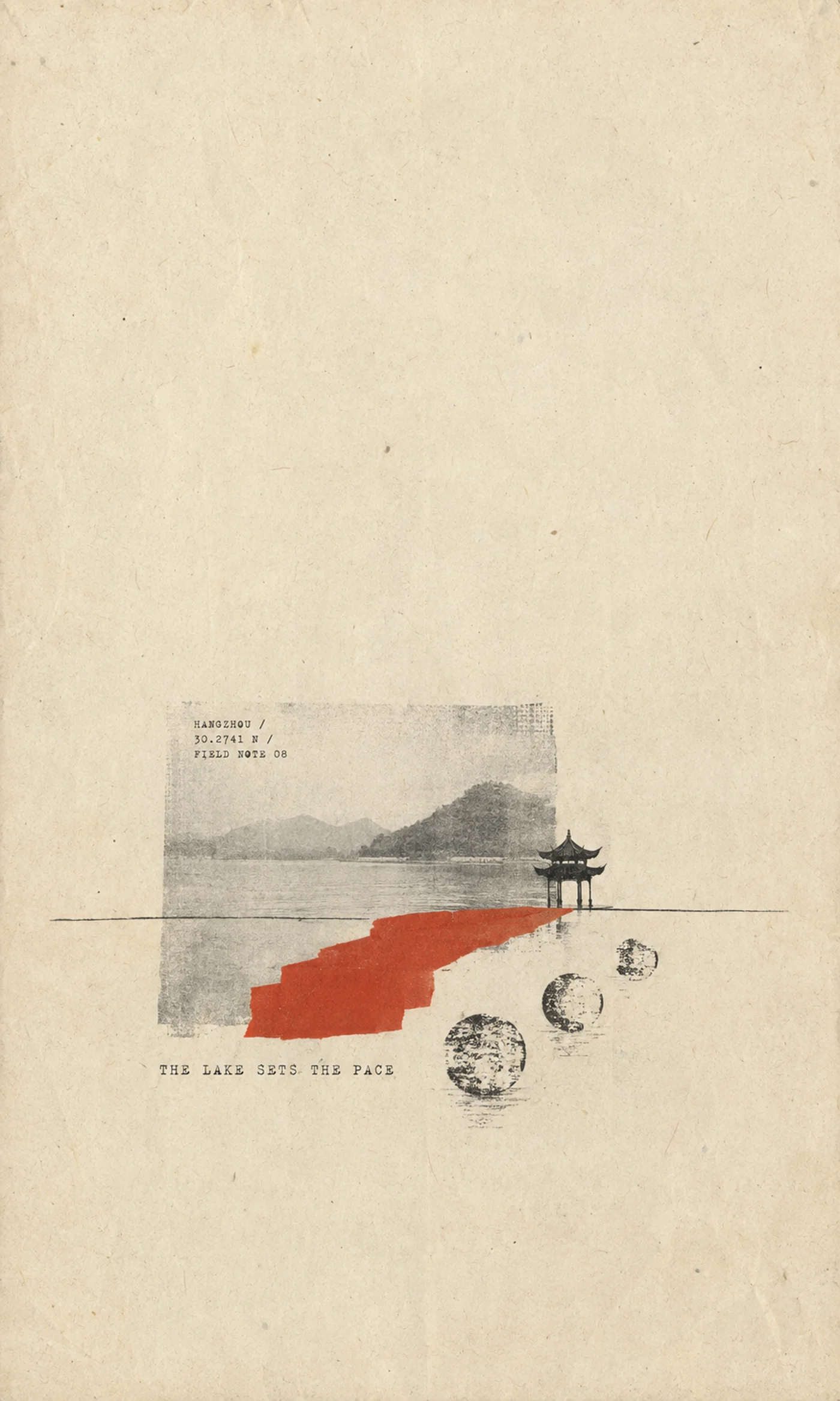 Minimal paper zine poster for Hangzhou with lake pavilion, red causeway and field-note typography