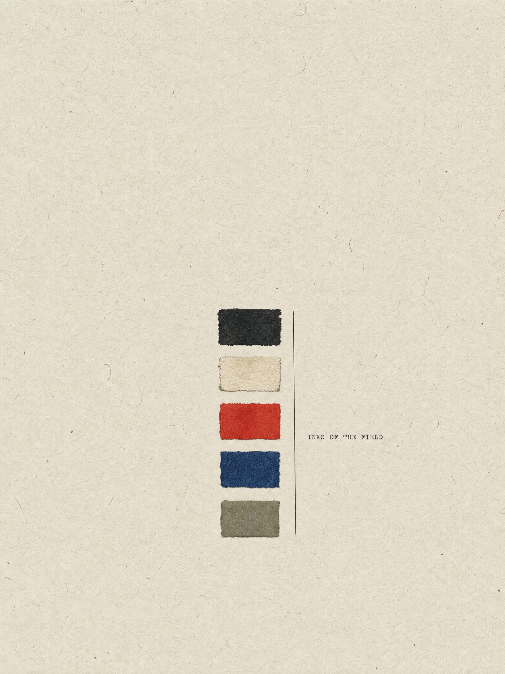 Five letterpress ink swatches pinned in a column — the inks of the field